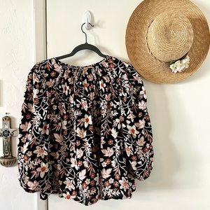 Floral Black with White Orange Flowers Balloon Long Sleeve Lightweight Blouse